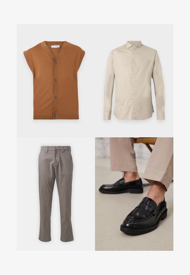 Brun strikket ærmeløs cardigan med V-hals, fem knapper og ribbet kant. Blød tekstur, afslappet design der er velegnet til lag-på-lag.; Beige langærmet skjorte lavet af bomuld med lige snit, knaphals og knaplukning foran. Glat tekstur uden mønstre.; Lys grå, lige bukser lavet af glat stof. Har en standard talje og bæltestropper, ingen synlige mønstre eller udsmykninger.; Sorte lædermokkasiner med en glat overflade, der har en dekorativ rem og kontraststing, parret med beige bukser.