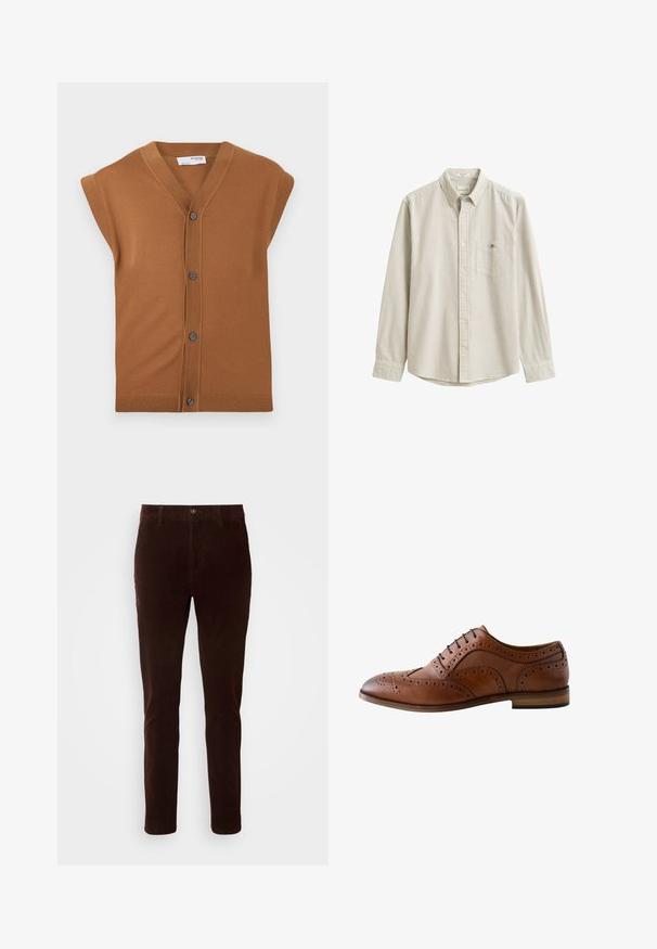 Brun strikket ærmeløs cardigan med V-hals, fem knapper og ribbet kant. Blød tekstur, afslappet design der er velegnet til lag-på-lag.; Beige og hvid lodretstribet langærmet skjorte med krave og brystlomme, vist fladt uden person.; Brune corduroy bukser med lige pasform, der har en standard talje, knaplukning og subtil lodret ribbet tekstur.; Herre brun læder brogue sko med wingtip-design, perforerede detaljer, sorte snørebånd og flad hæl på hvid baggrund.
