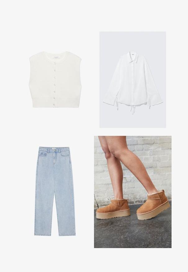 Cardigan court blanc sans manches avec col rond et fermeture avant à boutons, ourlet côtelé, et étiquette de marque à l'intérieur du col.; Chemise en coton blanche avec un col, des manches longues et des liens réglables aux poignets. Fermeture par boutons sur le devant et coupe légèrement ample.; Jeans en denim bleu clair taille haute, avec une coupe droite, cinq poches et des coutures visibles. Le matériau a une texture de lavage classique.; Bottines en suède marron avec une doublure en peluche, semelle épaisse en beige et une poignée à l'arrière. Surface texturée avec des détails de couture visibles.