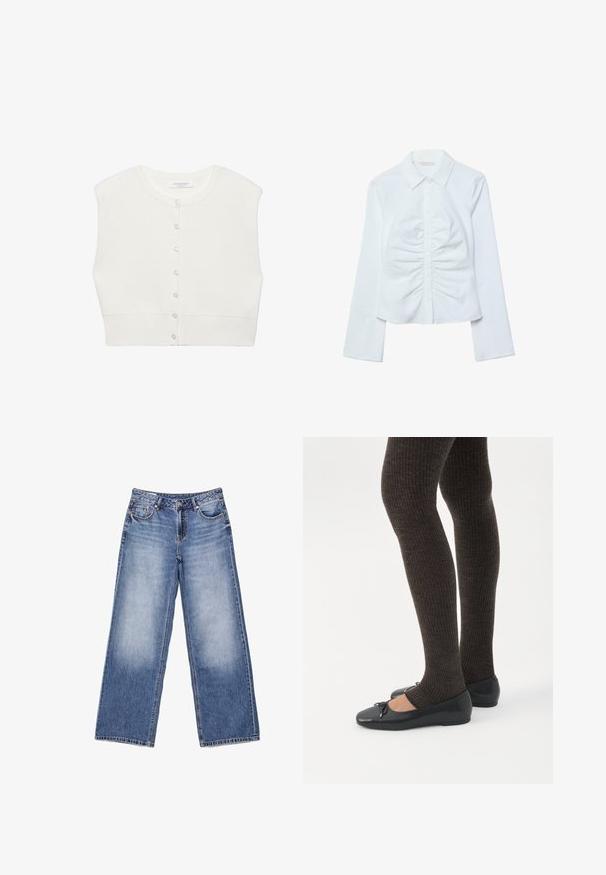 Cardigan court blanc sans manches avec col rond et fermeture avant à boutons, ourlet côtelé, et étiquette de marque à l'intérieur du col.; Chemise blanche à manches longues avec boutons, col pointu et détails froncés au centre avant.; Jean bleu clair taille haute à jambe droite avec poches avant et arrière, fermeture par bouton, et détails décolorés sur les cuisses.; Jambes portant des leggings côtelés foncés associés à des ballerines noires avec de petits détails en nœud sur fond blanc.