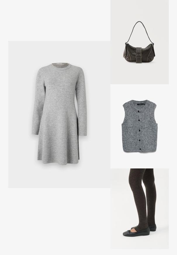 Chaleco gris sin mangas de punto con una textura suave, que presenta un escote redondeado y seis botones negros en la parte frontal.; Vestido largo gris de manga larga hecho de una tela suave; presenta un escote redondo y un corte relajado, con un leve aumento en el dobladillo y aberturas laterales.; Piernas con leggings oscuros acanalados combinados con bailarinas negras que presentan pequeños detalles de lazo sobre un fondo blanco.; Bolso de hombro de cuero negro con detalle de correa con hebilla, bordes curvos y costuras blancas en contraste sobre un fondo liso.