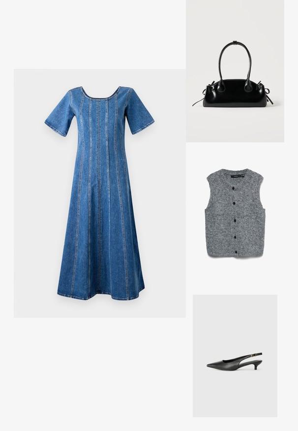 Veste sans manches en maille grise avec une texture douce, présentant un col arrondi et six boutons noirs sur le devant.; Object Midi Denim - Robe de jour - medium blue denim; Chaussure slingback noire à bout pointu en cuir lisse. Présente un talon fin et un détail de boucle sur la sangle réglable.; Petit sac à main noir brillant avec deux longues anses et des détails à cordon sur les côtés sur un fond clair uni.