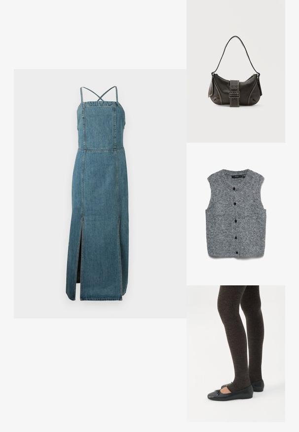 Grijs gebreid mouwloos vest met een zachte textuur, voorzien van een ronde halslijn en zes zwarte knopen aan de voorkant.; Denim jurk met een aansluitend lijfje, verstelbare kruisbanden op de rug en een zijsplit. Het heeft een gemiddelde blauwe wassing en een rechte snit.; Benen met donkere geribbelde leggings gecombineerd met zwarte ballerina's met kleine strikdetails op een witte achtergrond.; Zwarte leren schoudertas met gespsluiting aan de riem, afgeronde hoeken en contrasterende witte stiksels op een effen achtergrond.