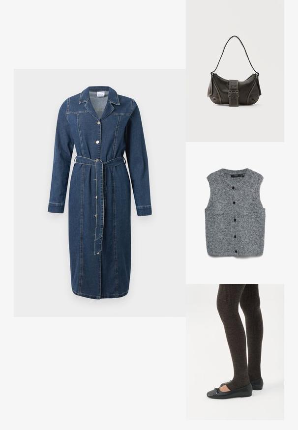 Grijs gebreid mouwloos vest met een zachte textuur, voorzien van een ronde halslijn en zes zwarte knopen aan de voorkant.; Denim jurk in donkerblauw, met lange mouwen, een kraag, knoopsluiting en een ceintuur in de taille. Zichtbare stikdetails.; Benen met donkere geribbelde leggings gecombineerd met zwarte ballerina's met kleine strikdetails op een witte achtergrond.; Zwarte leren schoudertas met gespsluiting aan de riem, afgeronde hoeken en contrasterende witte stiksels op een effen achtergrond.