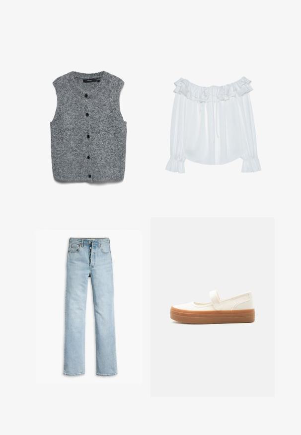 Chaleco gris sin mangas de punto con una textura suave, que presenta un escote redondeado y seis botones negros en la parte frontal.; Blusa blanca de hombros caídos hecha de tela suave, con cuello volante, parte delantera con cordón y mangas elásticas con puños.; Vaqueros de denim azul claro con un diseño de pierna recta, estilo de cinco bolsillos, botones de metal y una textura ligeramente desgastada en la tela.; Zapato Mary Jane de lona blanca con una suela gruesa de goma marrón y una sola correa en la parte superior.