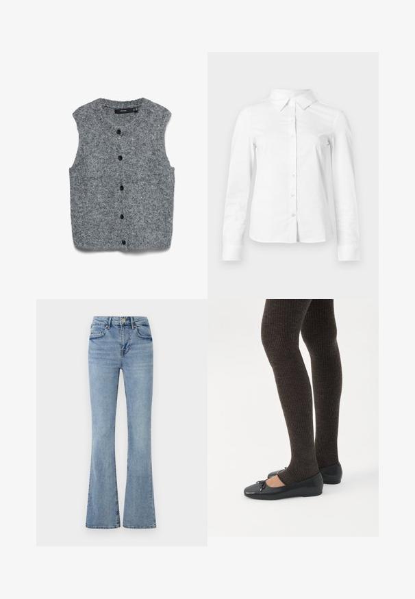 Chaleco gris sin mangas de punto con una textura suave, que presenta un escote redondeado y seis botones negros en la parte frontal.; Camisa blanca de manga larga con botones, cuello puntiagudo, bajo recto y silueta ajustada, presentada sobre un fondo claro y liso.; Jeans de mezclilla azul claro con cintura alta, con botón y cremallera en la parte frontal, cinco bolsillos y piernas ligeramente acampanadas.; Piernas con leggings oscuros acanalados combinados con bailarinas negras que presentan pequeños detalles de lazo sobre un fondo blanco.