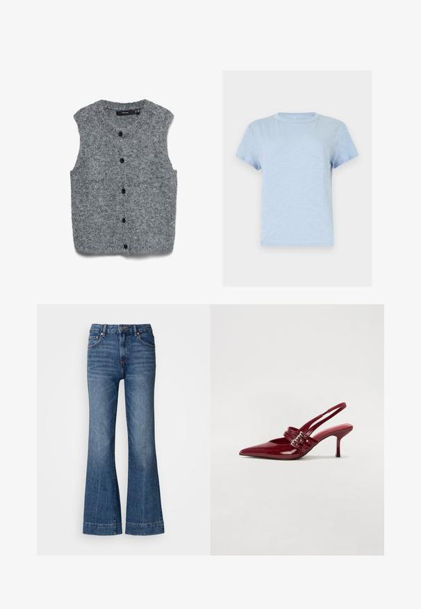 Chaleco gris sin mangas de punto con una textura suave, que presenta un escote redondeado y seis botones negros en la parte frontal.; Camiseta azul claro de manga corta con cuello redondo, de color sólido y textura de tela suave.; Jeans de mezclilla acampanados en azul oscuro. Presenta cinco bolsillos, pasadores para cinturón y costuras naranjas. Textura suave con un diseño de corte clásico.; Zapatos de tacón tipo slingback en charol rojo con punta afilada, dos correas con hebilla y un tacón de stiletto delgado y de altura media. Textura suave.