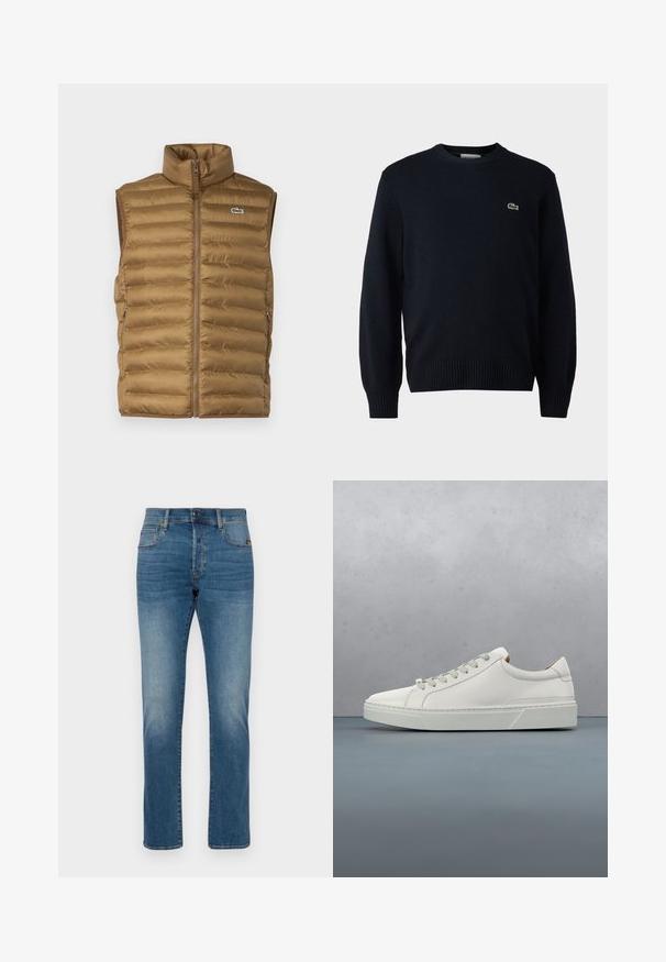 Bruine gewatteerde mouwloze vest met een hoge kraag, ritssluiting aan de voorkant en zijzakken. Er is een klein logo op de borst.; Marine crewnecktrui gemaakt van zacht materiaal, met ribgebreide manchetten en zoom. Klein groen Lacoste-logo op de borst.; Blauwe rechte spijkerbroeken met vervaagde details, knoop- en ritsluiting en een vijfzakkenontwerp.; Witte leren sneaker met een ronde neus, minimalistisch ontwerp, grijze veters en een gestructureerde grijze rubberen zool. Fijne stikdetails zichtbaar.