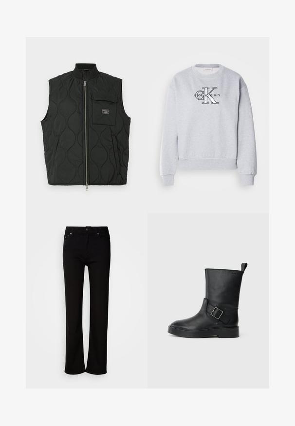 Schwarze gesteppte Weste mit hohem Kragen, vorne mit Reißverschluss und einer Tasche auf der linken Brust. Texturiertes Muster und Markenlabel auf der Tasche.; Grauer Sweatshirt mit Rundhalsausschnitt und gerippten Bündchen, mit dem "Calvin Klein"-Logo und der "CK"-Grafik, die prominent auf der Vorderseite angebracht sind.; Schwarze gerade Jeans aus Denim mit einem klassischen Fünf-Taschen-Design, Knopfverschluss und dezenten Nähten. Glatte Textur, knöchellanger Schnitt.; Schwarze Lederstiefelette mit runder Zehenform, flacher Sohle und einem silbernen Schnallenakzent an der Seite. Verfügt über eine Zuglasche an der Rückseite.
