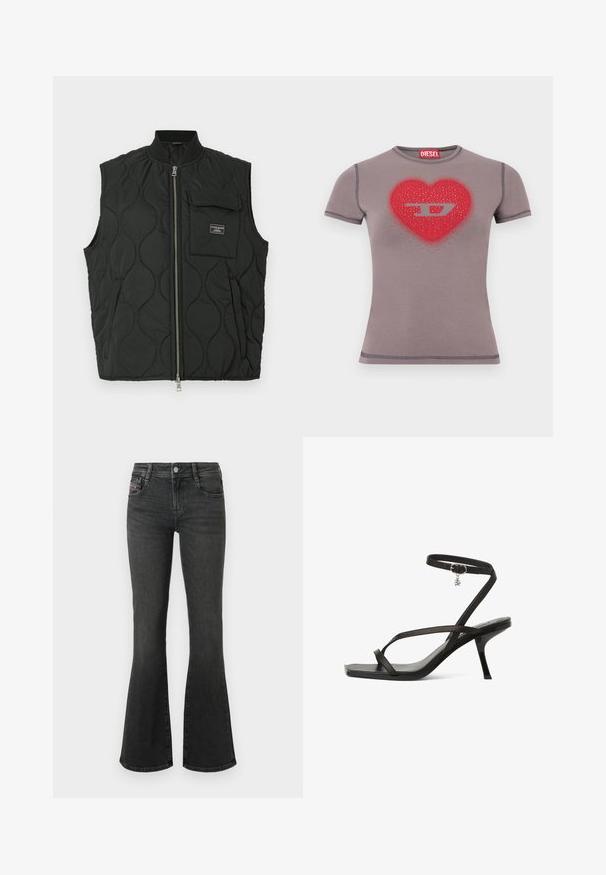 Chaleco acolchado negro con cuello alto, cierre frontal de cremallera y un bolsillo en el pecho izquierdo. Patrón texturizado y etiqueta de marca en el bolsillo.; Camiseta ajustada de manga corta en gris con un corazón rojo y un logo "D" plateado adornado con pequeñas tachuelas en el pecho.; Vaqueros acampanados de denim negro con cintura de altura media, diseño de cinco bolsillos y detalles de costura en los bolsillos. Textura suave con ligero brillo.; Sandaña negra con tiras, con una delgada correa en el tobillo, punta afilada y un pequeño tacón de aguja. Presenta un charm plateado en la correa del tobillo.