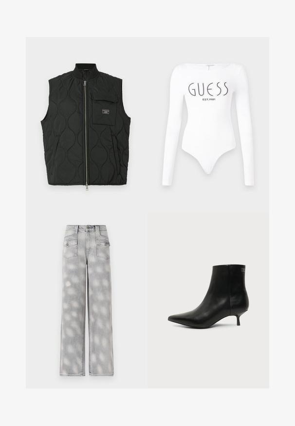 Sort quiltet vest med høj krave, lynlås foran og lomme på venstre bryst. Strukturmønster og mærke på lommen.; Hvid langærmet bodystocking med rund halsudskæring. Har "GUESS" logo og "EST.1981" trykt i sort på forsiden. Glat tekstur.; Lys grå denim brede bukser med høj talje, fire lommer og et falmet mønster for en afslappet pasform.; Sort læder ankelstøvle med spids tå og lav kitten hæl på lys baggrund, der viser yderside.