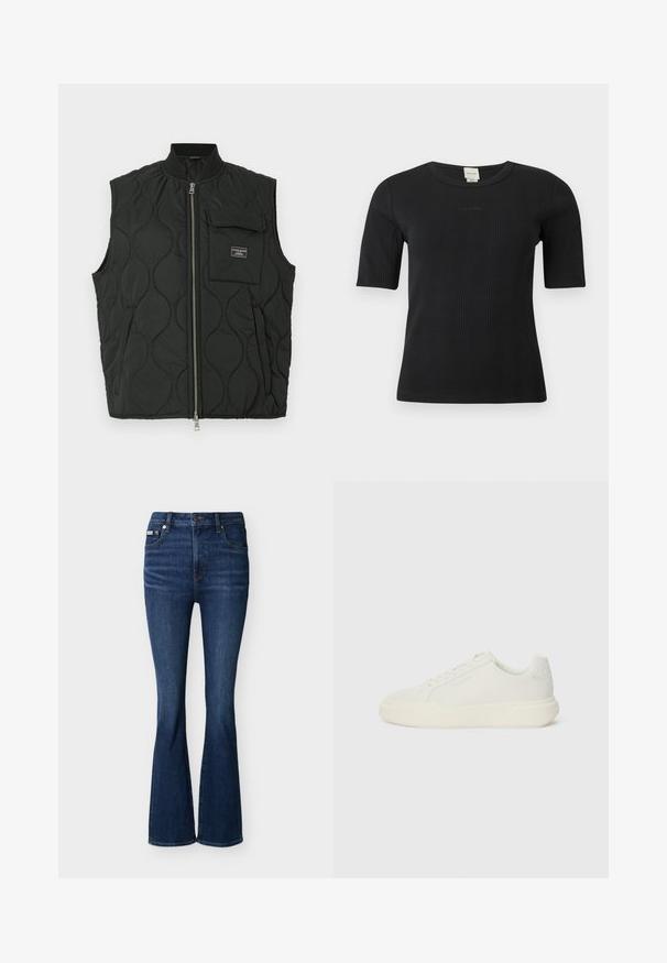 Chaleco acolchado negro con cuello alto, cierre frontal de cremallera y un bolsillo en el pecho izquierdo. Patrón texturizado y etiqueta de marca en el bolsillo.; Camiseta negra de manga corta con textura acanalada de Calvin Klein, con cuello redondo y sutil logo bordado en el pecho sobre un fondo liso.; Vaqueros de mezclilla de cintura alta en azul oscuro con una ligera campana en el bajo, cierre frontal con botón y cremallera, y bolsillos delanteros y traseros.; Zapatilla baja blanca con suela gruesa, cierre de cordones, sutil logo de Calvin Klein en el lateral y panel de talón acolchado.
