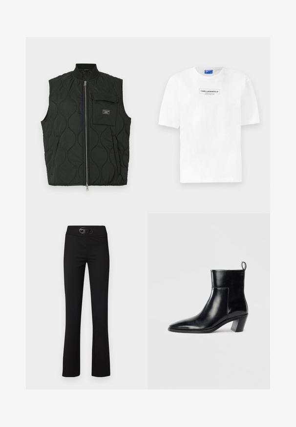 Schwarze gesteppte Weste mit hohem Kragen, vorne mit Reißverschluss und einer Tasche auf der linken Brust. Texturiertes Muster und Markenlabel auf der Tasche.; Weißes Baumwoll-T-Shirt mit kurzen Ärmeln, versehen mit einem rechteckigen schwarzen Logo mit dem Text "KARL LAGERFELD JEANS", zentriert auf der Brust.; Schwarze, ausgestellte Hosen aus einem glatten, dehnbaren Stoff. Mit einem breiten Bund und einem glänzenden, schwarzen Logoakzent auf der Vorderseite.; Schwarze Leder-Ankleboots mit spitzem Zeh, geometrischem Blockabsatz und einem Zugband hinten. Glatte Textur und elegantes Design.