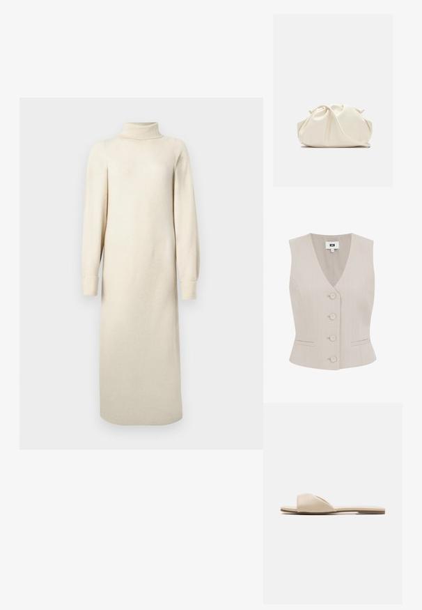 Beige mouwloze vest met een streeppatroon, V-hals, vijf ronde knopen, twee zijzakken en gestructureerde pasvorm.; Crèmekleurige gebreide jurk met een hoge kraag, lange pofmouwen en een midi-lengte. Heeft een textuur met een lichte ribstructuur.; Platte sliderschoenen van een zachte beige stof, met een open teen ontwerp, een gladde textuur en een minimalistische vorm met een lichtbruine zool.; Zachte, crèmekleurige leren clutch met geplooid, gerimpeld ontwerp en een dunne schouderriem die vooraan op een effen achtergrond ligt.