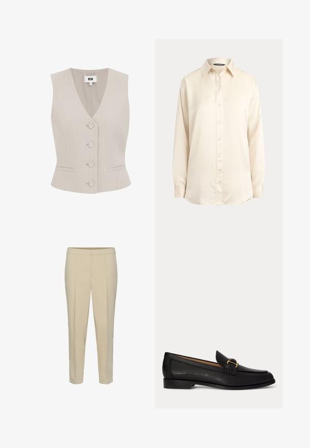Chaleco sin mangas beige con patrón a rayas, escote en V, cinco botones redondeados, dos bolsillos laterales y corte estructurado.; Camisa crema de manga larga con botones, cuello puntiagudo y puños delanteros, mostrada sobre un fondo liso.; Pantalones beige a medida con pernera recta, pliegues delanteros y dobladillo con vuelta. Textura suave y sin hardware o patrones visibles.; Mocasín de cuero negro con un pequeño tacón y hebilla dorada decorativa en la parte delantera, mostrado de lado sobre fondo blanco.