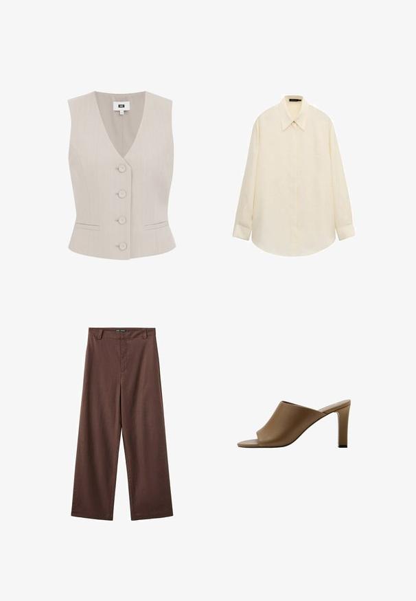 Beige mouwloze vest met een streeppatroon, V-hals, vijf ronde knopen, twee zijzakken en gestructureerde pasvorm.; Crèmekleurig overhemd met lange mouwen, knoopsluiting, puntkraag en verborgen knopenlijst, plat neergelegd op een witte achtergrond.; Bruine broek met wijde pijpen, riemlussen en een verborgen rits aan de voorkant, gemaakt van gladde stof.; Bruine open-toe hoge hak mule met een brede bovenste riem en een slanke hak op een witte achtergrond.
