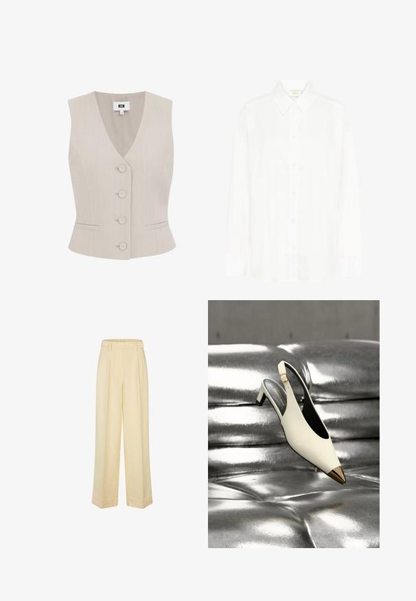 Beige ærmeløs vest med stikstribet mønster, V-halsudskæring, fem runde knapper, to sidelommer og struktureret pasform.; Hvid langærmet skjorte med knapper, klassisk krave og almindelig pasform. Fremstillet af glat stof med otte knapper ned foran.; Beige bukser med høj talje og vide ben, med bæltestropper og forreste læg, skræddersyet til en løs og elegant pasform.; Hvid slingback højhælet sko med guld spids tåhætte, vist på en skinnende metallisk sølv polstret overflade.