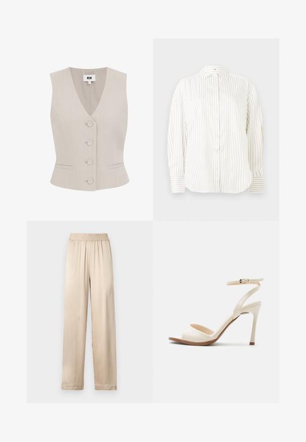 Chaleco sin mangas beige con patrón a rayas, escote en V, cinco botones redondeados, dos bolsillos laterales y corte estructurado.; Camisa blanca de botones con sutiles rayas doradas verticales, un cuello clásico y mangas ligeramente abullonadas, con puños estructurados que presentan rayas a juego.; Pantalones beige de corte holgado con cintura elástica y piernas rectas, hechos de tela lisa y ligera.; Sandalia beige de tacón alto con tira delgada en el tobillo y hebilla dorada, punta abierta y tacón de aguja delgado sobre un fondo blanco.