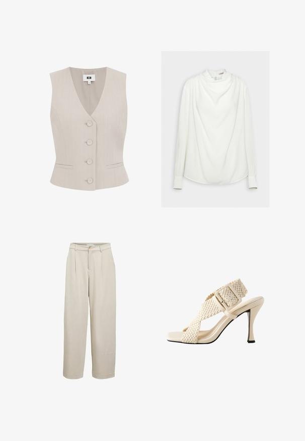 Chaleco sin mangas beige con patrón a rayas, escote en V, cinco botones redondeados, dos bolsillos laterales y corte estructurado.; Anna Field Túnica - off-white; Pantalones beige de pierna ancha hechos de tela ligera, con cierre de gancho y botón, plisados delanteros y bajo a la altura del tobillo.; Sandalia de tacón alto en color beige con diseño de tiras tejidas, puntera cuadrada y hebilla ajustable. Presenta un tacón delgado y textura suave.