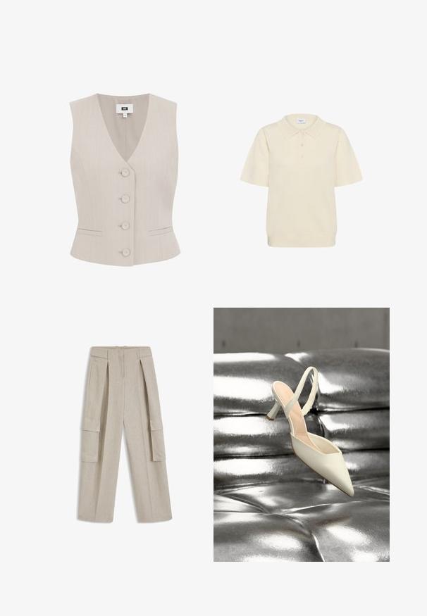 Chaleco sin mangas beige con patrón a rayas, escote en V, cinco botones redondeados, dos bolsillos laterales y corte estructurado.; Polo de tejido suave en color crema, con cuello clásico, mangas cortas, tapeta de tres botones y dobladillo acanalado.; Pantalones anchos beige con pliegues delanteros, cintura alta y grandes bolsillos laterales tipo cargo, confeccionados en un tejido texturizado.; Zapato de tacón alto blanco con punta fina y tira trasera apoyado sobre una superficie brillante, plateada metálica y capitoné.
