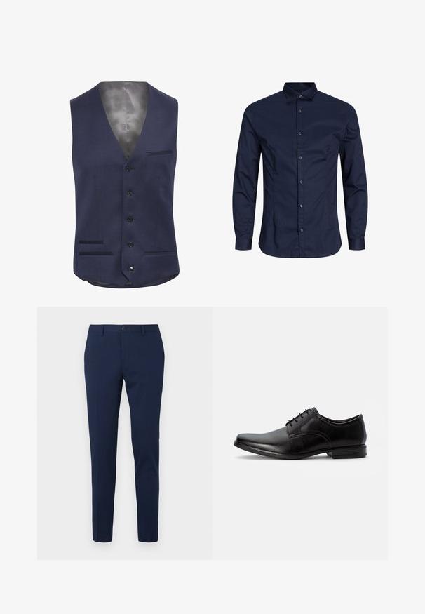 Marineblauwe vest met een V-hals ontwerp, zes zwarte knopen, twee voorzakken met fijne stiksels en een gladde satijnen binnenkant.; Navy blauwe langärmige button-up shirt, katoen stof, met kraag, voorste knoopsluiting, gladde textuur, zonder merkbare patronen of accenten.; Marineblauwe pantalon met een rechte pijp, gemaakt van een gladde stof. Voorzien van een knoopsluiting aan de voorkant en twee zijzakken.; Zwarte leren veterschoen met een puntige neus, gladde oppervlakte, vetersluiting en een lage gestapelde hak. Minimalistisch ontwerp zonder zichtbare patronen.