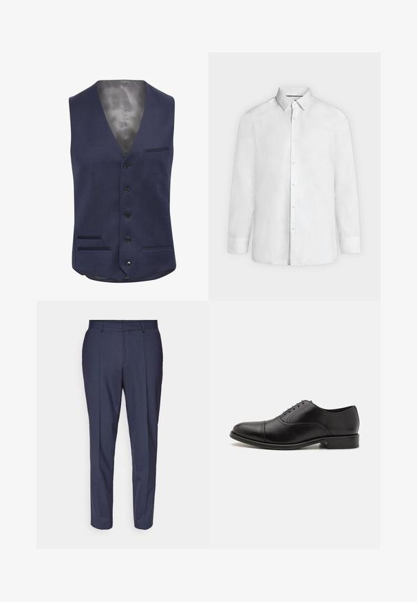 Marineblauwe vest met een V-hals ontwerp, zes zwarte knopen, twee voorzakken met fijne stiksels en een gladde satijnen binnenkant.; Wit overhemd met lange mouwen, een brede kraag en knoopmanchetten, van voren getoond op een effen lichtgrijze achtergrond.; Marineblauwe dresspants met een rechte snit, gemaakt van textuurstof, voorzien van voorplooien, riemlusjes en zijzakken.; Zwarte leren dresschoenen met een ronde neus, een gladde afwerking en subtiele stiknaden. Voorzien van blauwe veters en een lage gestapelde hak.