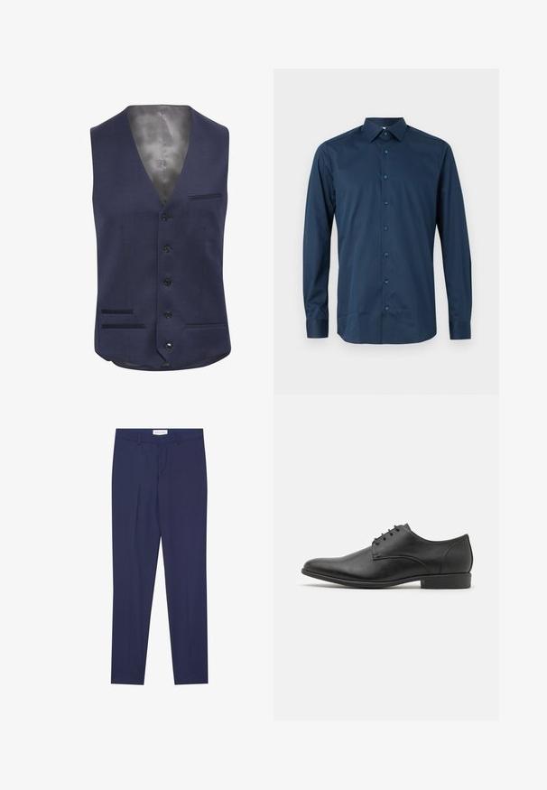 Gilet bleu marine avec un col en V, six boutons noirs, deux poches avant avec des coutures fines et un intérieur en satin lisse.; Chemise bleu marine à manches longues et boutons, fabriquée en tissu lisse. Présente un col standard, une patte de boutonnage à l'avant avec des boutons assortis et des manches à poignets.; Pantalons de costume navy en tissu lisse, dotés d'un devant plat, de deux poches latérales, d'une fermeture éclair et d'un ourlet net sans motifs ni accents.; Chaussure habillée en cuir noir avec une finition lisse, un talon bas, un bout rond et six œillets pour les lacets. Design minimaliste.