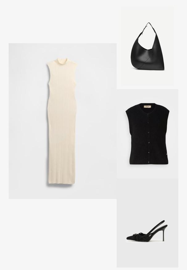 Must must vest ilma varrukatega mustas värvuses, ümmarguse kaelusega, esise nup closure ja peene logoga detail alläärs. Pehme tekstuur, minimalistlik disain.; Pikk, varrukateta, kreemjas kleit kõrge poolkaelusega. Ribakujuline tekstuur, keha järgnev lõige ja põrandapikkune siluett.; Mustad seemisnahast kõrged kontsakingad teravate varvastega, ristatud rihmadega ja peene stilettokontsa ning hõbedase detailiga.; Mustast nahast õlakott, kõverate kolmnurksed servad, reguleeritav üks rihm ja nähtav diagonaalne õmblus esiküljel.
