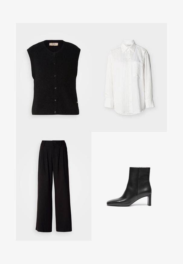 Must must vest ilma varrukatega mustas värvuses, ümmarguse kaelusega, esise nup closure ja peene logoga detail alläärs. Pehme tekstuur, minimalistlik disain.; Valge pikkade varrukatega nööpidega särgi, millel on peened vertikaalsed triibud, terava kraega, ees rinnatasku ja nööpidega varrukamansetid, ühevärvilisel taustal.; Mustad laiad mustad püksid, mis on valmistatud siledast kangast, ees on voldid, talje on kena ja pole nähtavaid mustreid ega aktsente.; Mustad nahast pahkluu saapad terava ninaga, kahanene konts ja siledat tekstuur; külgedel on lukuga kinnitamine.