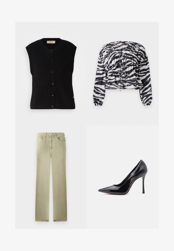 Must must vest ilma varrukatega mustas värvuses, ümmarguse kaelusega, esise nup closure ja peene logoga detail alläärs. Pehme tekstuur, minimalistlik disain.; Valge ja tumesinise zebra mustriga lühendatud pluus, millel on volditud disain, pikad varrukad ja paelad esitise ning vöökoha juures.; Beežid sirge säärega teksad esikülje ja tagataskutega, nööbi ja tõmblukuga, valgel taustal eksponeeritud.; Mustad kõrge kontsaga kingad terava varba, läikiva lakknahast viimistluse ja külgedel olevate lõikekujudega, millel on stiilne kitsekonts.