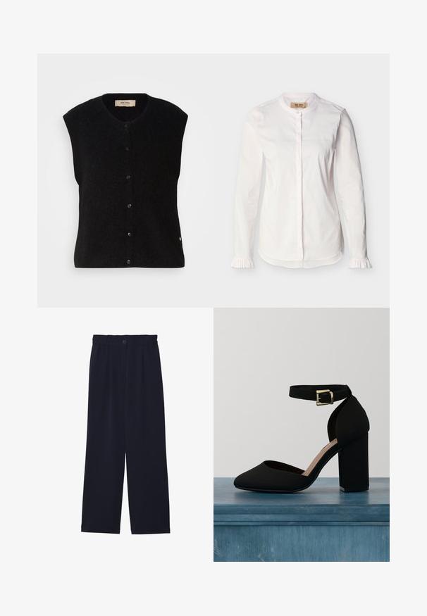 Zwarte wol mouwloze vest met een ronde halslijn, sluiting met knopen aan de voorkant en subtiele logodetail op de zoom. Zachte textuur, minimalistisch design.; Witte blouse met lange mouwen, bandkraag, verborgen knopenlijst, subtiele verticale strepen en gerimpelde manchetten, weergegeven op een effen achtergrond.; Marineblauwe wijde broek met een gladde textuur, elastische tailleband, enkele plooien aan de voorkant en een knoopsluiting in de taille.; Zwarte hoge hak schoenen met een gladde textuur, puntige neus en een stevige blokhak. Beschikt over een enkelband met een goudkleurige gesp.