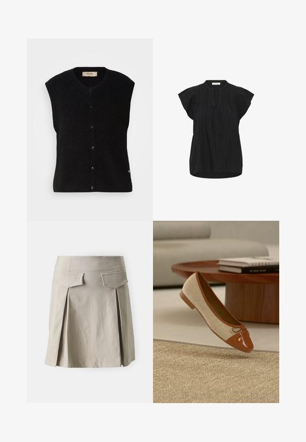 Must must vest ilma varrukatega mustas värvuses, ümmarguse kaelusega, esise nup closure ja peene logoga detail alläärs. Pehme tekstuur, minimalistlik disain.; Must must lühikeste varrukatega pluus ümmarguse kaelusega, ees voldid ja lõdvestunud lõige.; Beige plisseeritud seelik sirge lõikega, millel on kaks tagumist taskut ja sile tekstuur. Kangas näeb välja kerge ja lõdva. ; Beež ja pruun baleriin kingad lipsukaunistusega, asetatud ümmarguse puidust kohvilaua lähedale, millel on kuhjatud raamatud beežil vaibal.