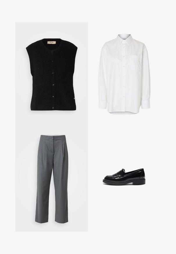 Must must vest ilma varrukatega mustas värvuses, ümmarguse kaelusega, esise nup closure ja peene logoga detail alläärs. Pehme tekstuur, minimalistlik disain.; Valge pika varrukaga nööpidega särgi, mis on terava kraega ja rinnataskuga, esitatakse ühtlase tausta ees.; Hallid kohandatud püksid sirge sääre lõikega, mis on varustatud sileda tekstuuri, ees olevate voldikute ja küljetaskutega. Nähtavaid riistu või aksessuaare pole.; Mustad nahast loafers, millel on elegantne disain, ümar varvas, dekoratiivne franstus ja madal, tekstuuriga kummi sarv.