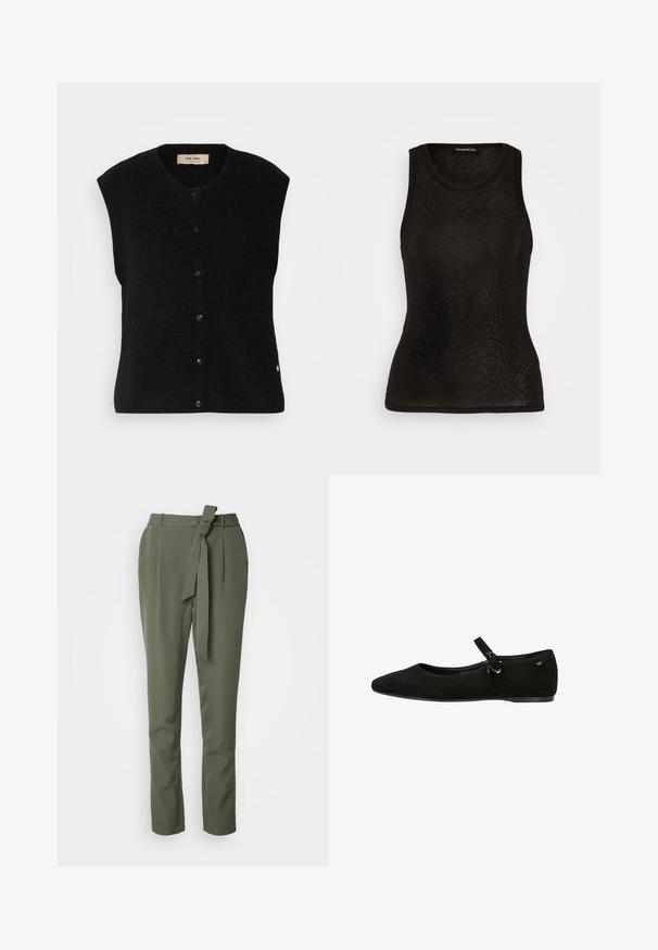 Must must vest ilma varrukatega mustas värvuses, ümmarguse kaelusega, esise nup closure ja peene logoga detail alläärs. Pehme tekstuur, minimalistlik disain.; Even&Odd Topp - black; Oliivroheline pükste lõige, valmistatud siledast kangast, millel on vöö, mis on seotud vöökohtade ümber, otse jalad ja küljetaskud, et saavutada vormitud välimus.; Mustast seemisnahast madala kontsaga Mary Jane stiilis king, millel on terav nina, reguleeritav rihm ja väike metallist logo kand luu lähedal.