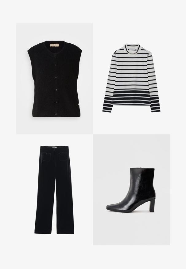 Sort uld ærmeløs vest med rund halsudskæring, frontlukning med knapper og diskret logo detalje på kanten. Blød tekstur, minimalistisk design.; Langærmet bluse lavet af bomuld, med vandrette sorte og hvide striber, en høj mock neck og en afslappet pasform med sidesplits.; Sorte velour bredbukser med to baglommer og en glat tekstur, der har en lige skæring og syede afslutninger ved anklerne.; Sorte ankelstøvler lavet af blank læder, med spidse tæer og en mellemstor blokhæl, med en glat tekstur og et enkelt design.