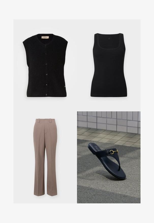 Must must vest ilma varrukatega mustas värvuses, ümmarguse kaelusega, esise nup closure ja peene logoga detail alläärs. Pehme tekstuur, minimalistlik disain.; Musta vormitud top, valmistatud siidisest kangast, millel on ruudukujuline kaelus ja laiad õlapaelad; ilma nähtavate mustrite või detailideta.; Kõrge vöökohaga sirge lõikega taupe värvi püksid, milles on vööaasad ja esiküljel volt detail.; Mustast nahast plätud kuldse hobuseraua detailiga, pildistatud asfaldil ja taustal plaaditud sein.