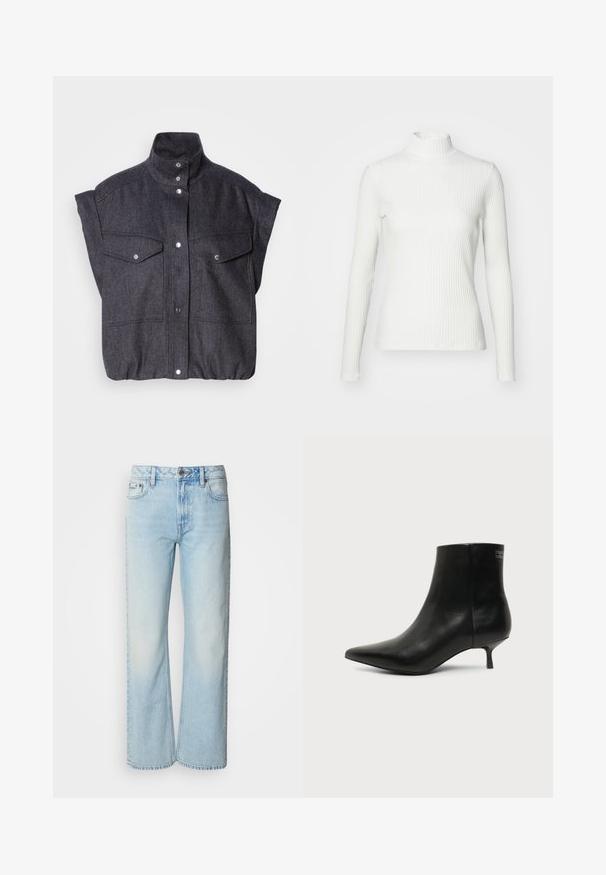 Dunkelgraue, kurzärmelige Jacke aus strukturiertem Stoff, mit Druckknopfverschluss und zwei vorderen Taschen mit Klappen. Hochkragen-Design.; Weißes geripptes Turtleneck-Oberteil mit langen Ärmeln, aus elastischem Stoff. Verfügt über ein enganliegendes Design und einen hohen Kragen für zusätzlichen Schutz.; Helle blaue weit geschnittene Jeans aus Denim, mit einem klassischen Fünf-Taschen-Design und einer dezenten, gewaschenen Textur. Die Denim-Nähte sind sichtbar.; Schwarzer Leder-Knöchel-Stiefel mit spitzer Spitze und niedrigem Kittenabsatz vor hellem Hintergrund, seitliche Ansicht.