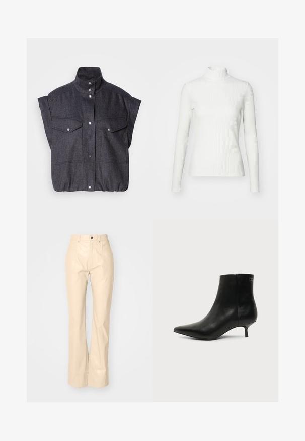 Dunkelgraue, kurzärmelige Jacke aus strukturiertem Stoff, mit Druckknopfverschluss und zwei vorderen Taschen mit Klappen. Hochkragen-Design.; Weißes geripptes Turtleneck-Oberteil mit langen Ärmeln, aus elastischem Stoff. Verfügt über ein enganliegendes Design und einen hohen Kragen für zusätzlichen Schutz.; Beige Fake-Leder Schlaghosen mit glatter Textur, ausgestattet mit Vordertaschen, einem Knopfverschluss und einem dezenten, glänzenden Finish.; Schwarzer Leder-Knöchel-Stiefel mit spitzer Spitze und niedrigem Kittenabsatz vor hellem Hintergrund, seitliche Ansicht.