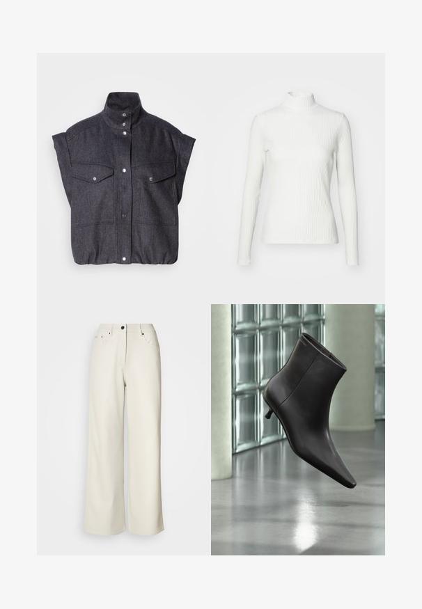 Veste courte à manches courtes, gris foncé, fabriquée en tissu texturé, avec fermeture à boutons-pression et deux poches avant à rabat. Design à col haut.; Haut col roulé blanc à côtes avec des manches longues, fabriqué en tissu extensible. Présente un design ajusté et un encolure haute pour plus de couverture.; Pantalons larges de couleur crème en tissu lisse. Dotés d'une taille mi-haute, d'une fermeture éclair et de deux poches avant avec des accents en matériel noir.; Bottine en cuir noir avec bout pointu et petit talon, présentée devant un mur en blocs de verre et un sol poli.