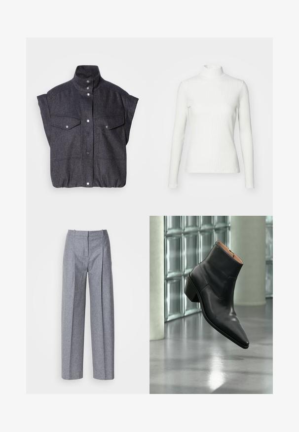 Dunkelgraue, kurzärmelige Jacke aus strukturiertem Stoff, mit Druckknopfverschluss und zwei vorderen Taschen mit Klappen. Hochkragen-Design.; Weißes geripptes Turtleneck-Oberteil mit langen Ärmeln, aus elastischem Stoff. Verfügt über ein enganliegendes Design und einen hohen Kragen für zusätzlichen Schutz.; Helle graue weit geschnittene Hosen aus strukturiertem Stoff, mit Falten vorne und einem taillierten Bund. Minimalistisches Design, keine sichtbaren Beschläge.; Schwarzer Leder-Stiefelette mit spitzer Schuhspitze und Blockabsatz, der über einem reflektierenden grauen Boden nahe einer Glassteinwand schwebt.
