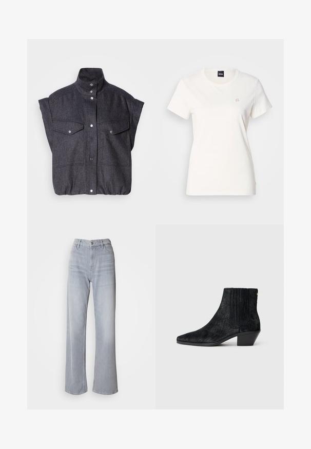 Chaqueta de manga corta gris oscuro, hecha de tejido texturizado, con cierre de botones a presión y dos bolsillos frontales con solapa. Diseño de cuello alto.; Camiseta blanca de algodón con cuello redondo y mangas cortas. Cuenta con un pequeño logo bordado en el pecho. Textura suave.; Jeans de pernera ancha en gris claro, con cintura alta, hechos de denim. Presentan bolsillos frontales, cremallera y un leve desvanecimiento por toda la prenda.; Botín negro hasta el tobillo con punta afilada, material texturizado similar al pelo, panel lateral acanalado y un tacón bajo y cuadrado. Diseño simple y moderno.