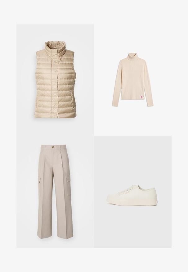 Beige puffer vest med høj krave, horisontale syninger, trykknapper og to sidelommer; glat, let og quiltet tekstur.; Beige ribstrikket langærmet turtleneck sweater med et lille logopatch nær den nederste kant på en hvid baggrund.; Beige brede bukser lavet af stof, med frontfolder og to sidecargo-lommer. Indeholder en frontknaplukning.; Sneakers lavet af off-white canvas, med et low-top design, rund tå og flad gummisål med diskrete syninger.