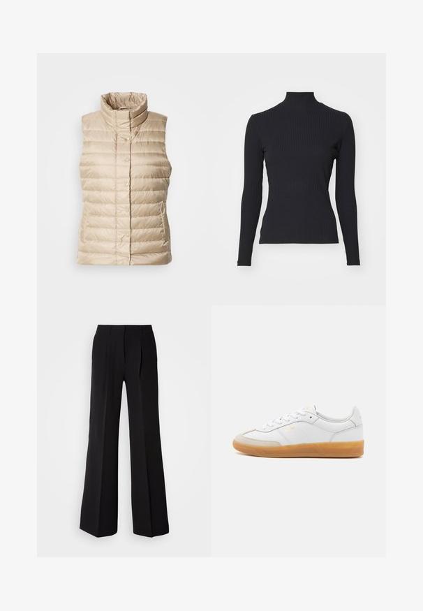 Beige puffer vest med høj krave, horisontale syninger, trykknapper og to sidelommer; glat, let og quiltet tekstur.; Sort ribbet turtle-sweater med lange ærmer. Lavet af strækbart stof med en tætsiddende pasform og høj krave. Enkel design uden udsmykninger.; Sorte bukser lavet af glat stof, med høj talje, bred ben silhuet og to frontfolder for ekstra design detaljer.; Hvide lædersneakers med beige ruskindsdetaljer, gummisål og snøredesign. Har diskret branding i guld.