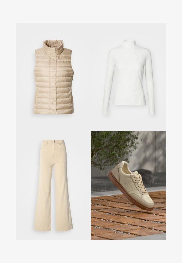 Beige gewatteerde vest met een hoge kraag, horizontale stiksels, drukknoopsluitingen en twee zijzakken; gladde, lichte en gestikte textuur.; Witte geribbelde coltrui met lange mouwen, gemaakt van rekbare stof. Heeft een getailleerd ontwerp en een hoge halslijn voor bedekking.; Beige wijde jeans met hoge taille, voorzakken en contrasterende stiksels, met een knoopsluiting en een zachte katoenen textuur.; Beige leren sneaker met bruine zool zwevend boven een betegeld buitenterrein met verspreide kleine steentjes en groene bladeren op de achtergrond.