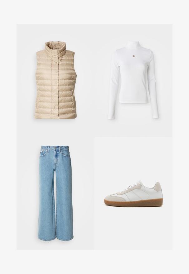 Beige gewatteerde vest met een hoge kraag, horizontale stiksels, drukknoopsluitingen en twee zijzakken; gladde, lichte en gestikte textuur.; Witte turtleneck met lange mouwen, gemaakt van ribbelstof. Bevat een klein geborduurd logo in het midden. Aansluitend ontwerp zonder patronen.; Lichtblauwe wijde jeans van denim, met een hoge taille, vijf pockets en subtiele vervaging langs de stof.; Witte leren sneakers met beige suède accenten, een gestructureerde tong en een rubberen zool. Voorzien van witte veters en subtiele gestikte details.