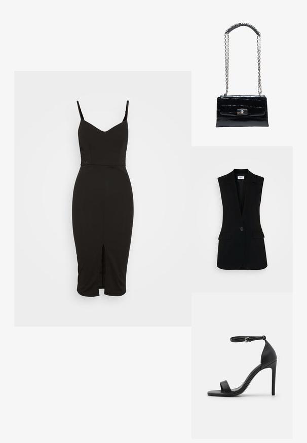 Zwarte mouwloze vest met een op maat gemaakt ontwerp, voorzien van een enkele knoopsluiting, gestructureerde revers en zijzakken.; WAL G. TIZA MIDI - Jerseyjurk - black; Zwarte sandalen met hoge hakken, met een slank ontwerp, voorzien van een enkelbandje, open teen en een gladde leren textuur.; Zwarte leren handtas met krokodilstructuur, zilveren draaiversluiting en lange zilveren kettingriem met leren schouderpad.