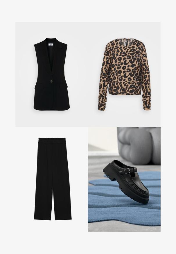 Chaleco negro sin mangas con un diseño ajustado, que presenta un cierre de un solo botón, solapas estructuradas y bolsillos laterales.; Vero Moda Tall VMIRIS ROUCHING - Blusa - beige; Pantalones de pierna ancha negros con una cintura con volantes, que cuentan con dos bolsillos laterales y una tela suave y ligera. Sin patrones visibles ni accesorios.; Mocasín de cuero negro con suela gruesa de tacos y hebilla plateada, colocado en ángulo sobre una alfombra azul texturizada.