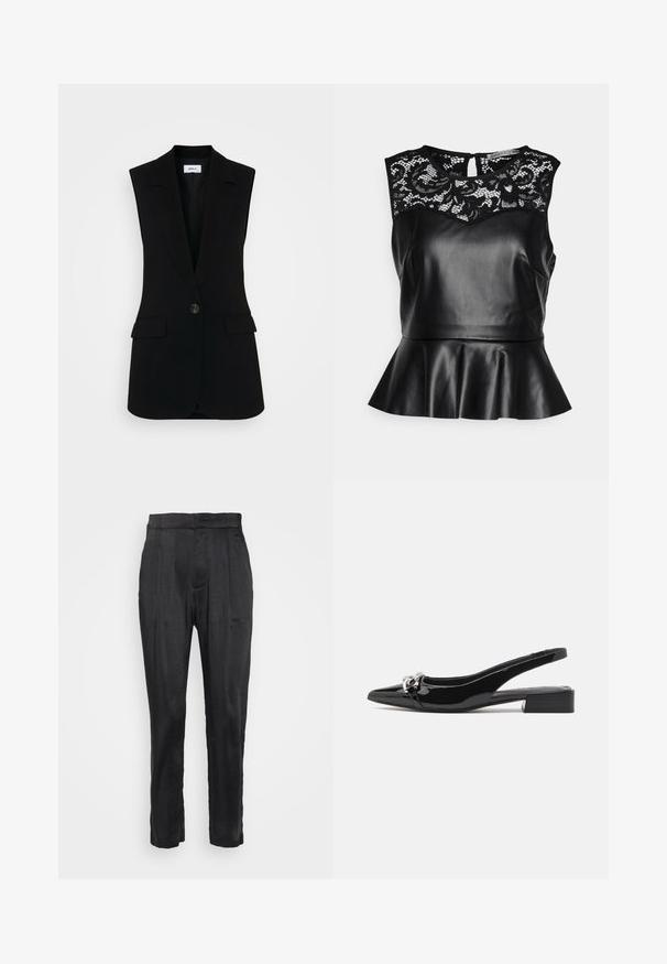 Zwarte mouwloze vest met een op maat gemaakt ontwerp, voorzien van een enkele knoopsluiting, gestructureerde revers en zijzakken.; Anna Field Petite Blouse - black; GAP Petite PLEATED WIDE PANT - Broek - black; Zwarte slingback schoen van lakleer met een spits toelopende neus, lage blokhak en zilverkleurige hardware aan de voorkant.