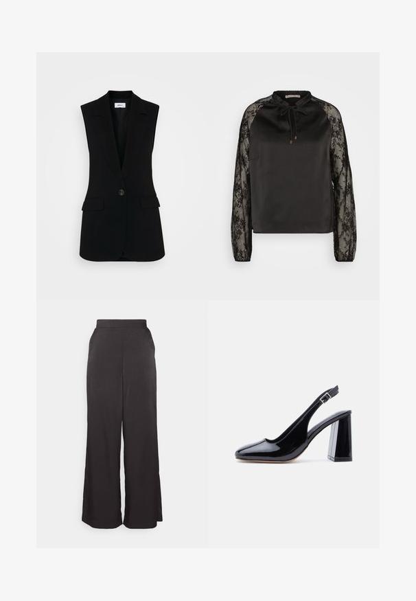 Zwarte mouwloze vest met een op maat gemaakt ontwerp, voorzien van een enkele knoopsluiting, gestructureerde revers en zijzakken.; Anna Field Blouse - black; Wijde broek van zwart fabric, met een hoge taille en zijzakken, een gladde textuur en zonder zichtbare patronen of hardware.; Zwarte slingback schoen van lakleer met een ronde neus, verstelbare gesp en blokhak op een witte achtergrond.