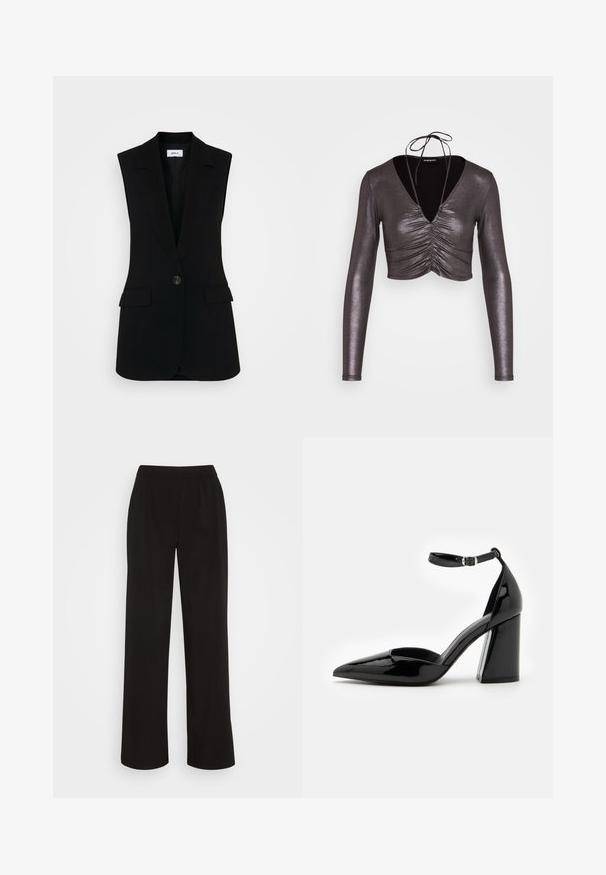 Zwarte mouwloze vest met een op maat gemaakt ontwerp, voorzien van een enkele knoopsluiting, gestructureerde revers en zijzakken.; Even&Odd Longsleeve - black/silver; Vero Moda VMZELDA PULL ON WIDE PANT - Broek - black; Zwarte lakleren hoge hak met een spitse neus, enkelbandje en brede blokhak voor stabiliteit, met een gladde glanzende textuur.